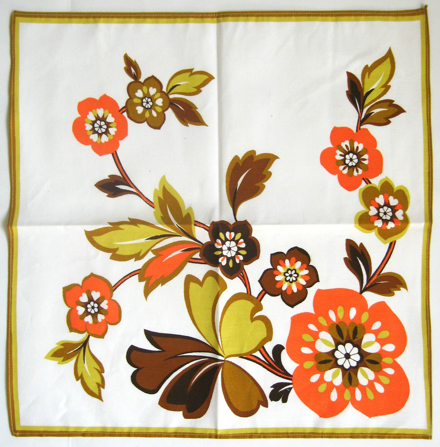 6 cotton napkins, orange and brown flower patterns on a white background - vintage 70s
