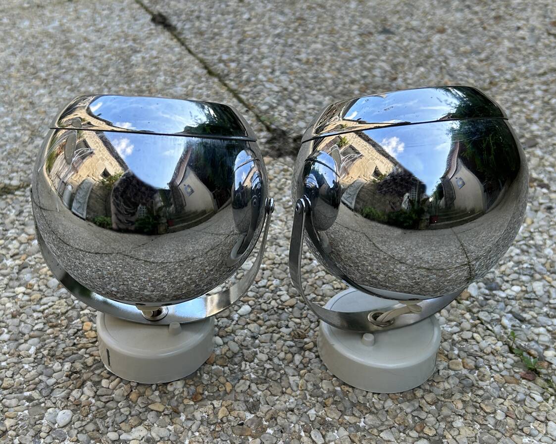 Pair of eye ball wall lights, space age, chrome, vintage, 70s