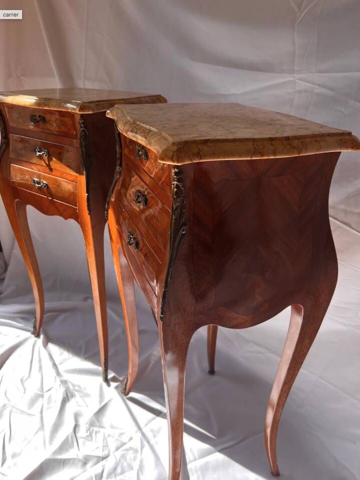Louis XV Marquetry Bedside Tables, Pair of Vintage French Nightstands