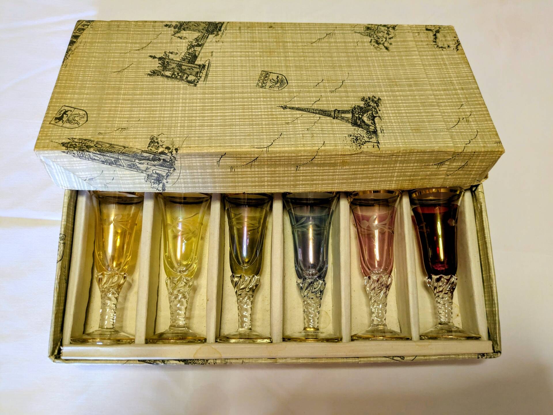 Vintage liqueur glasses in perfect condition in their original box.