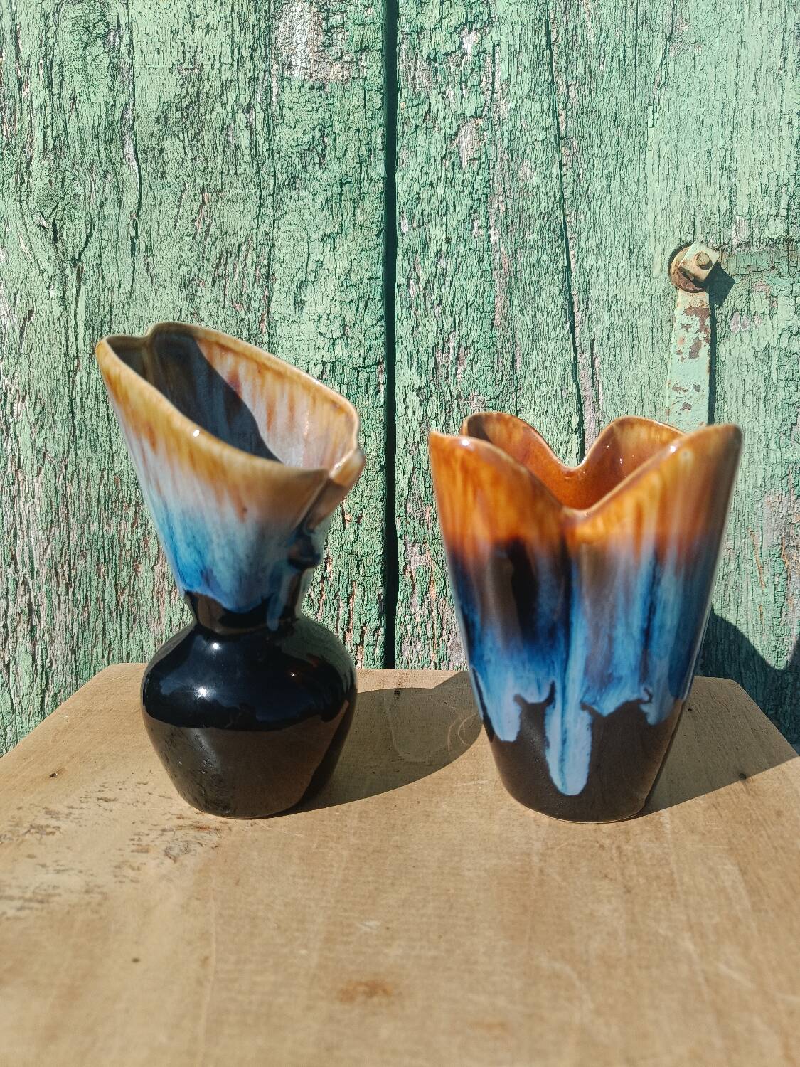 "Pair of vintage glazed ceramic vases – blue flamed glaze – ann"