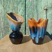 "Pair of vintage glazed ceramic vases – blue flamed glaze – ann"