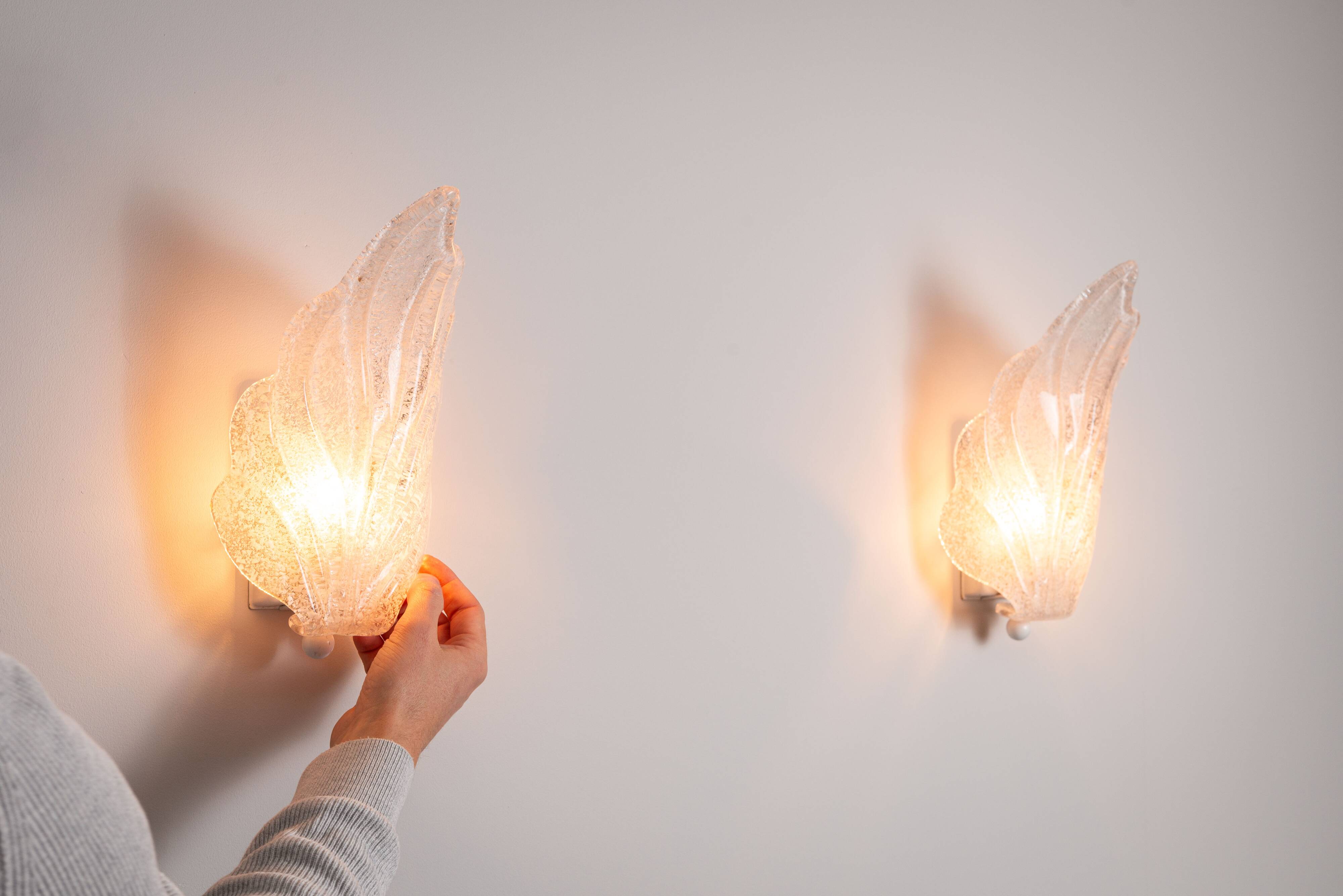Pair of vintage glass leaf wall lamps