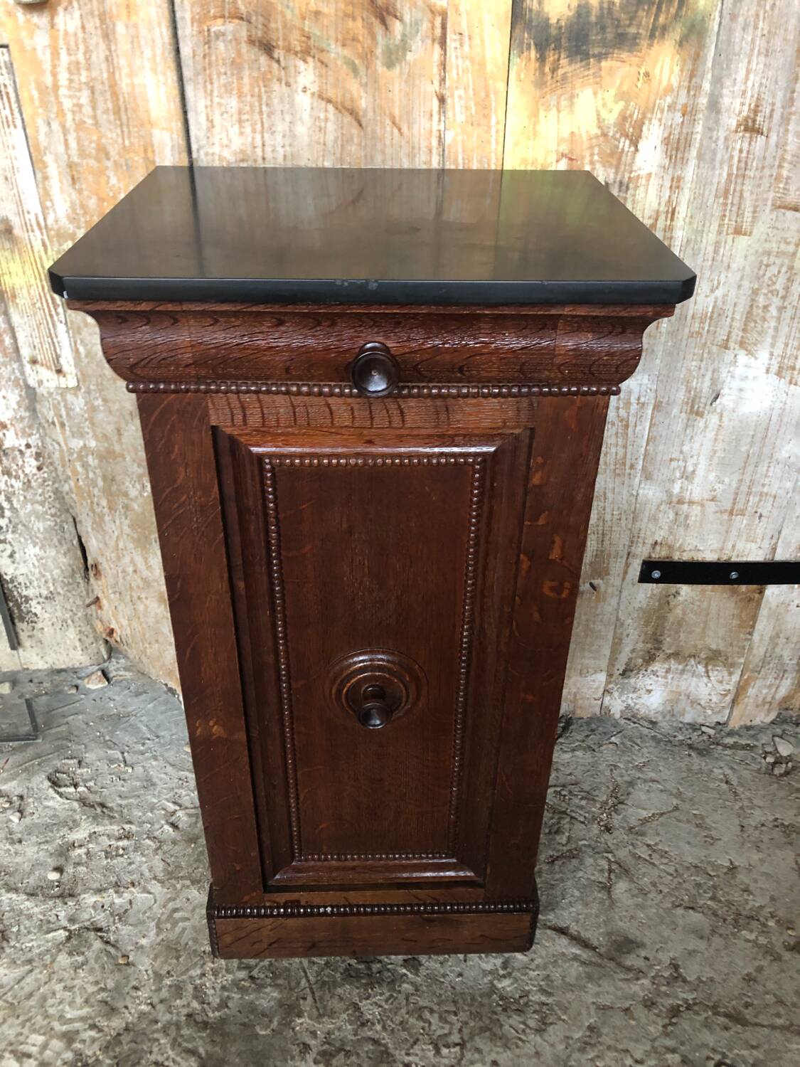 Bedside night table 19th century wood row of beads + black marble top #a637