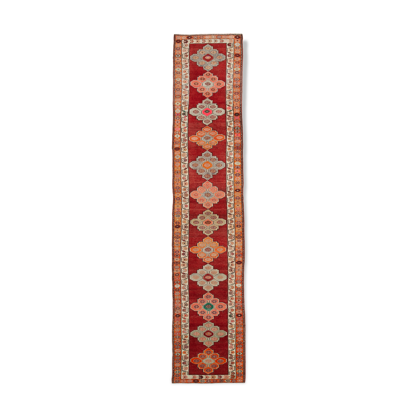 Hand-knotted decorative turkish red runner carpet 88 cm x 470 cm