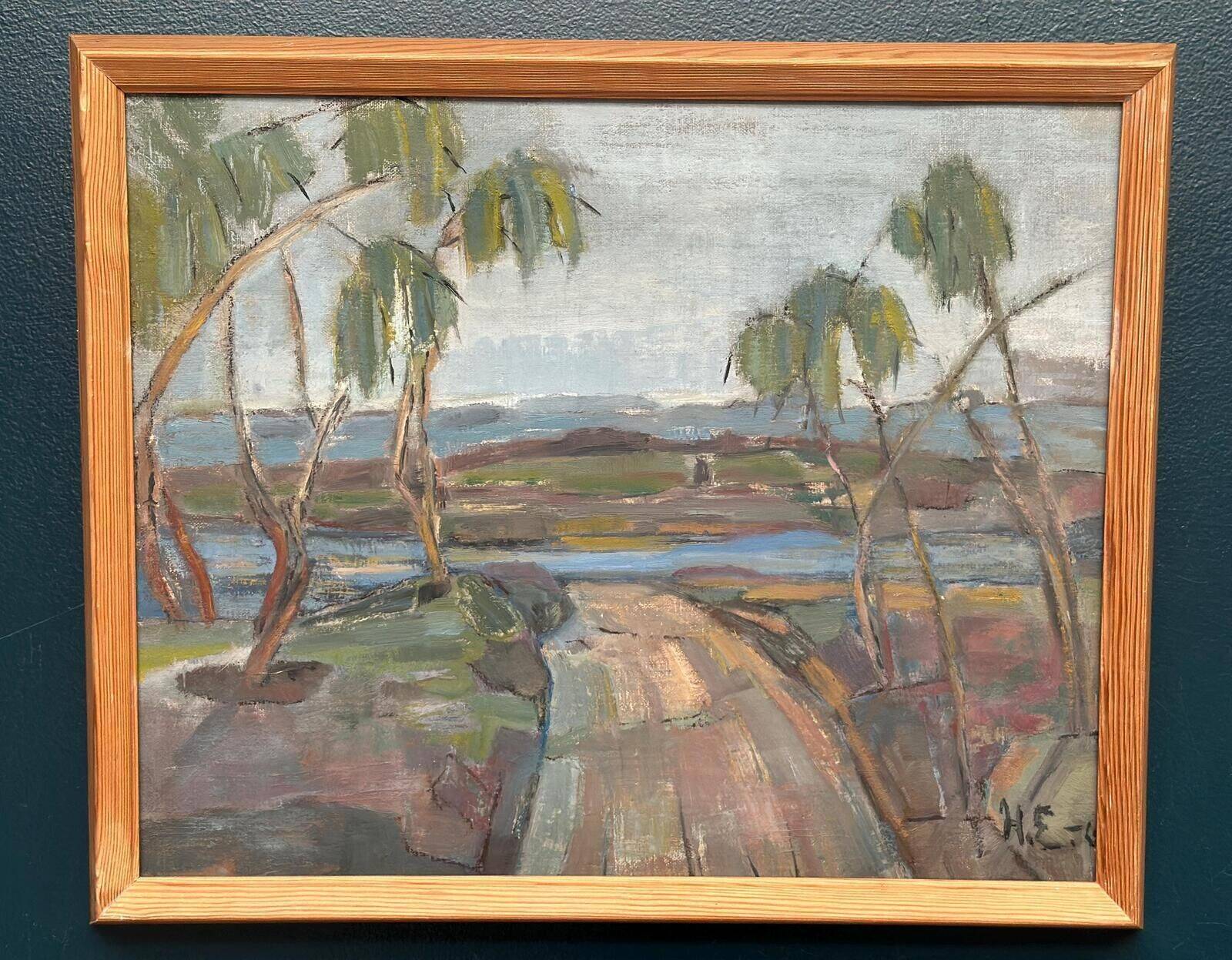 Original Mid Century Scandinavian Oil On Canvas – Path “H.E.” (1960) – Signed – Vintage & Framed – 52 × 43 Cm (20.5" × 16.9")