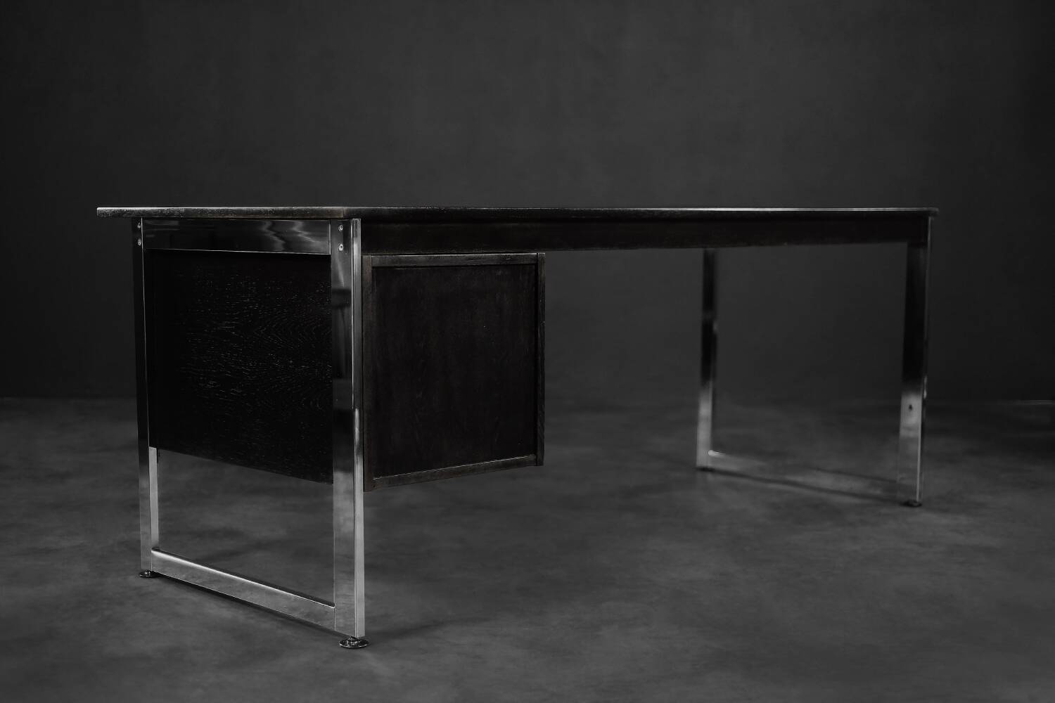 Vintage Mid-Century Danish Black Modern Minimalist Oak Office Desk with Chrome Base, 1970s
