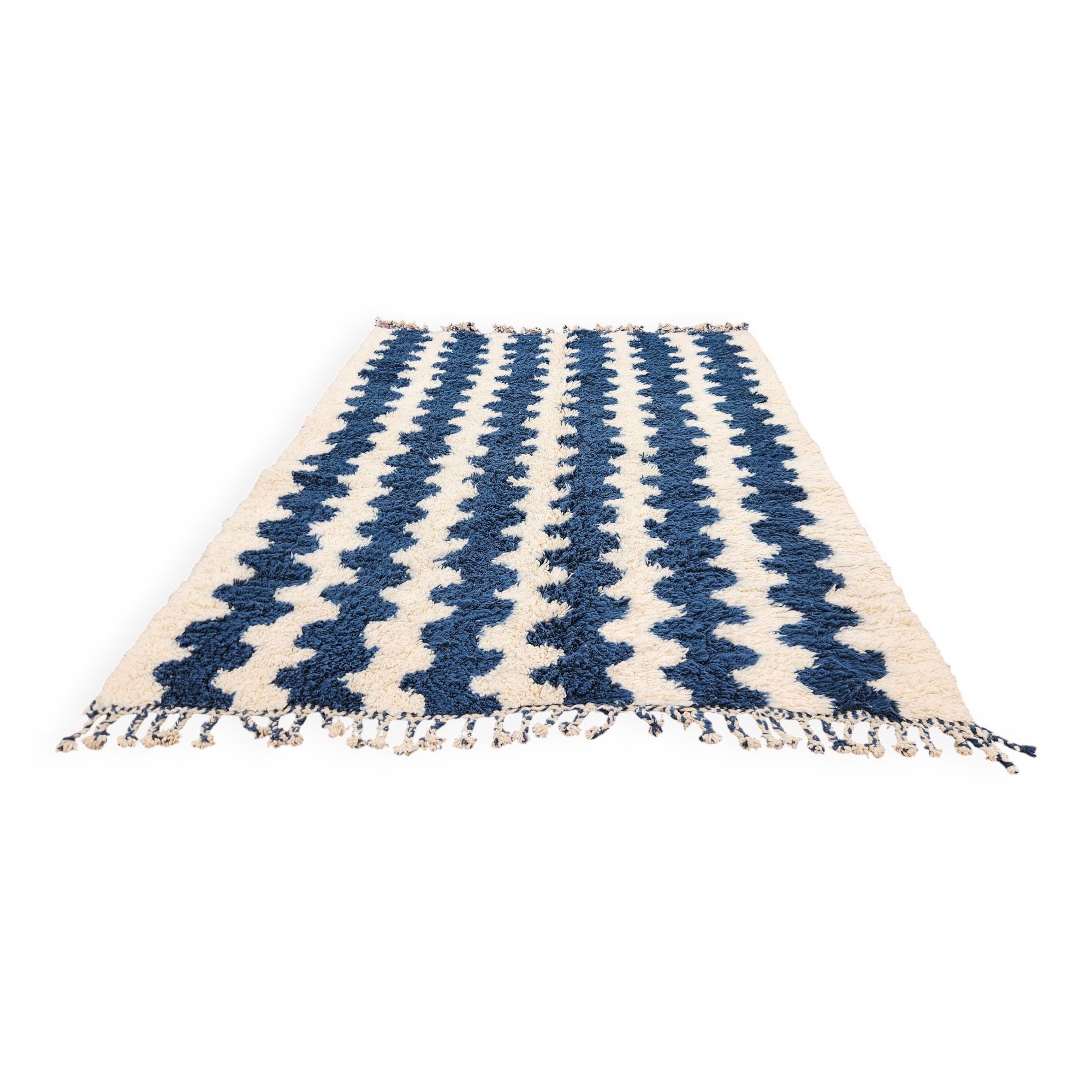 Large striped Berber rug 274x208 cm – Cream & blue wool – Graphic pattern