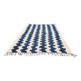 Large striped Berber rug 274x208 cm – Cream & blue wool – Graphic pattern