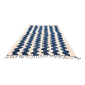 Grand tapis berbère rayé 274x208 cm – Laine écrue & bleu – Motif graphique