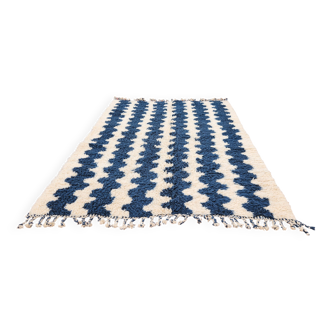 Large striped Berber rug 274x208 cm – Cream & blue wool – Graphic pattern