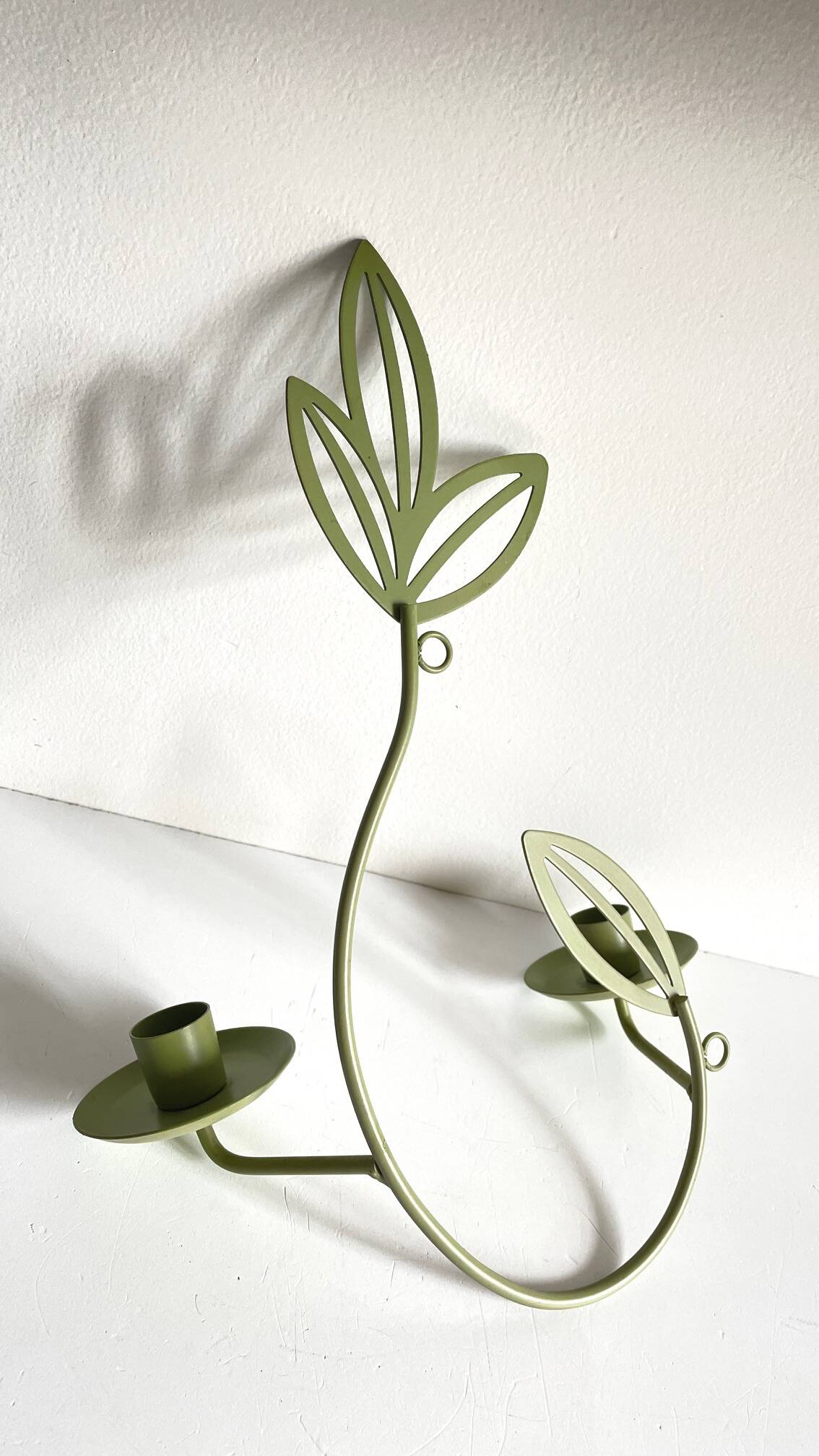 Wall Candle Holder, Green Metal Leaves