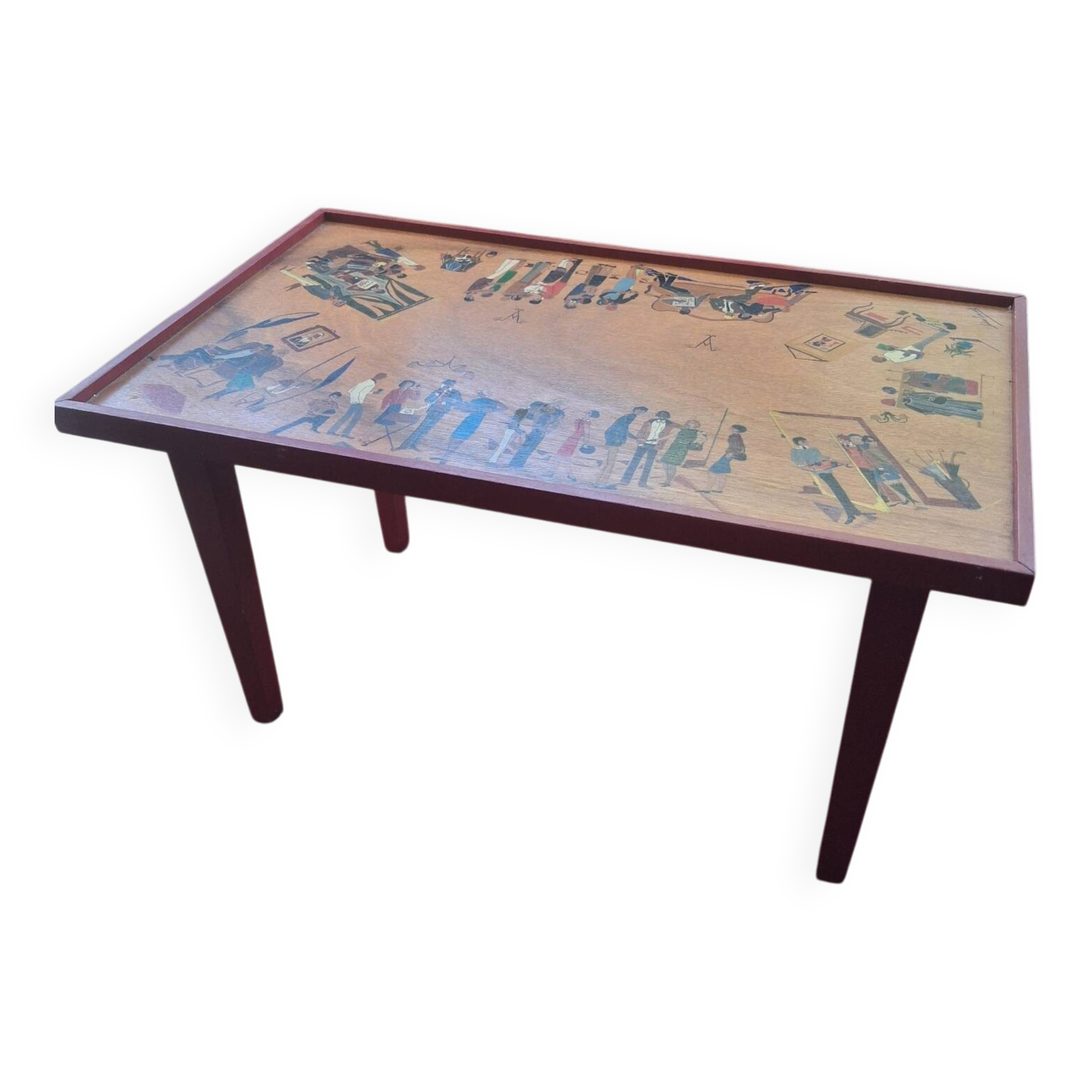 Table basse en bois scènes peintes midcentury