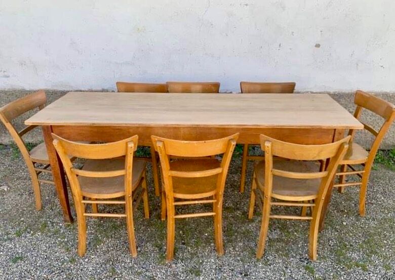 Set of 8 old light wood bistro chairs years 1957 stamps