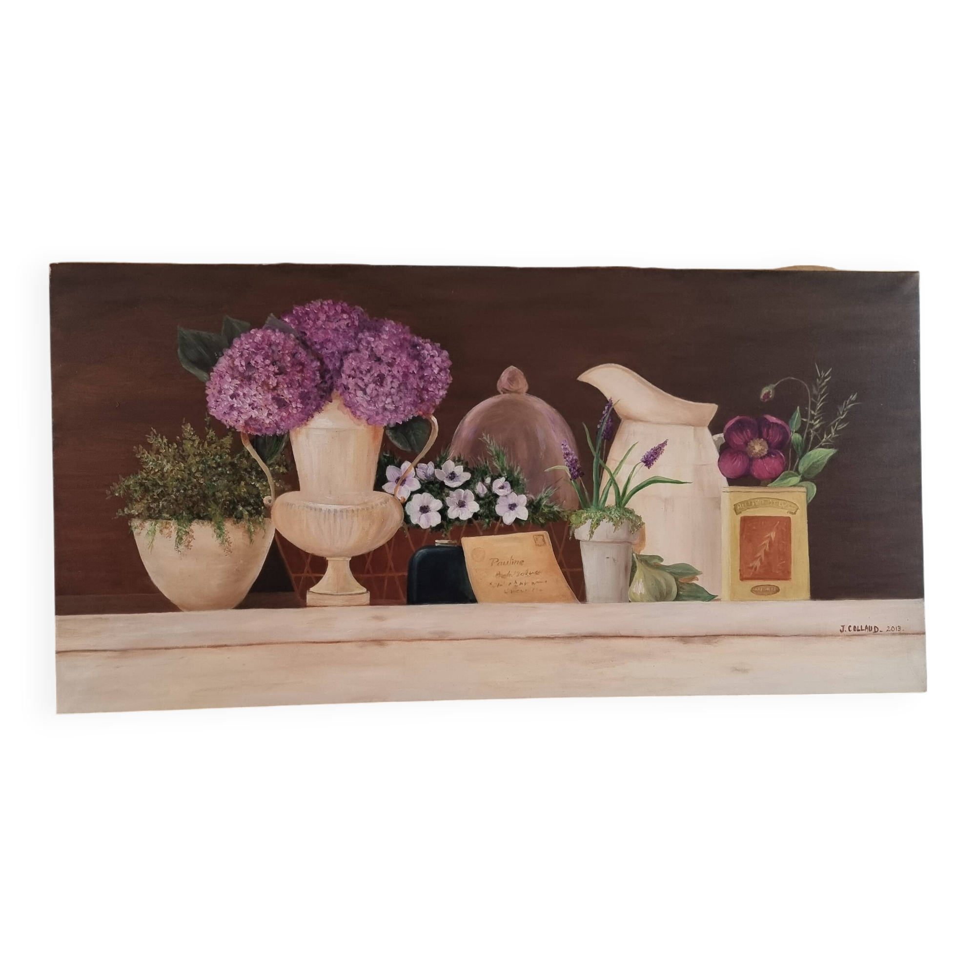 Oil painting on canvas flower and pot 100 x 50 cm