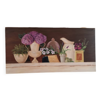Oil painting on canvas flower and pot 100 x 50 cm