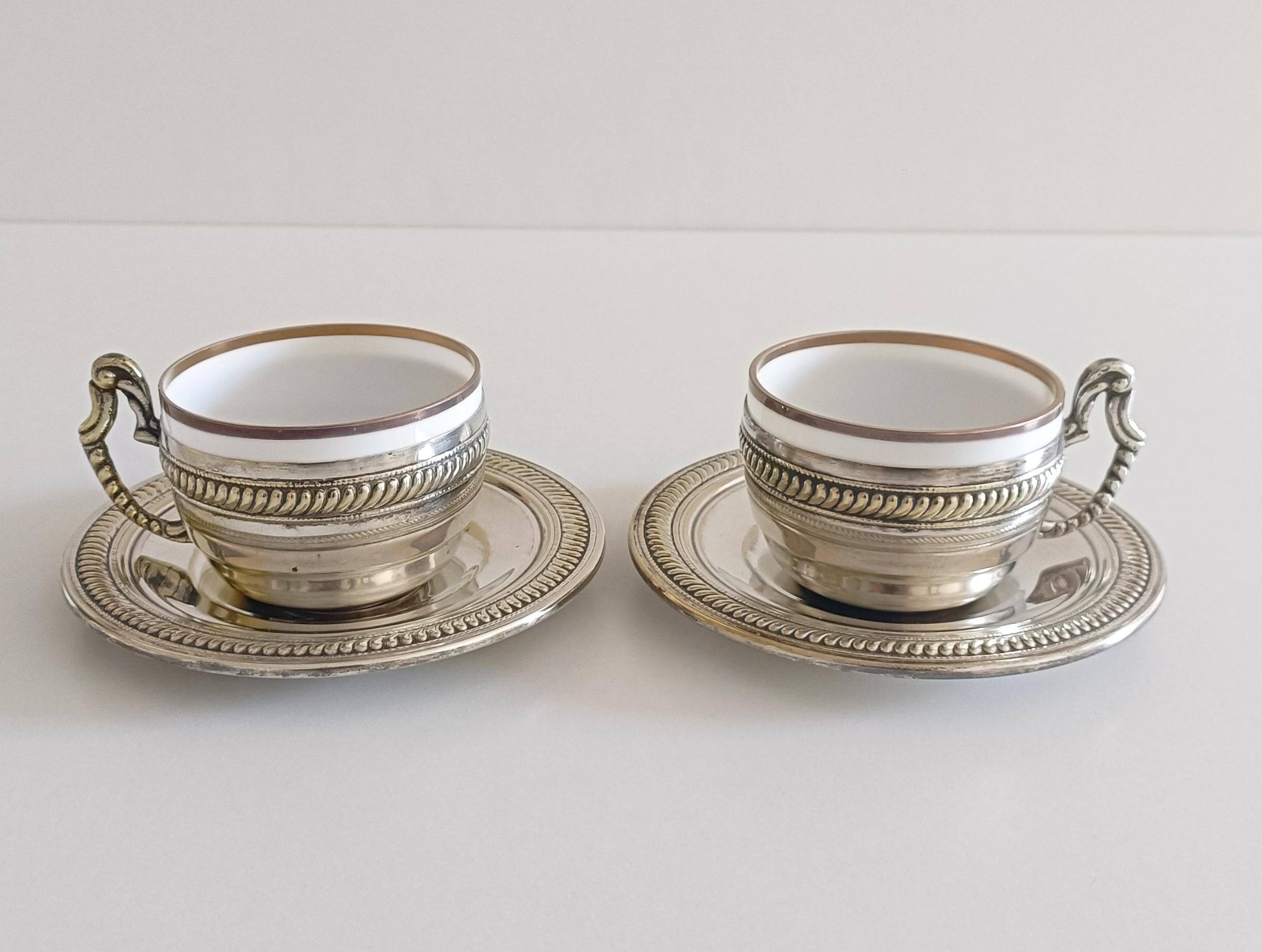 Victorian Alpaca Silver Tea or Coffee Pair of Cups and Plates, England 19th C.
