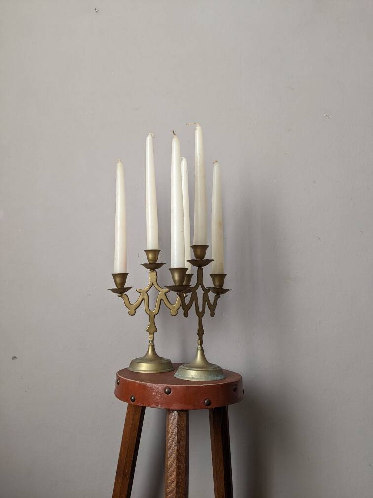 Pair of 3-branch brass candlesticks, Scandinavian country bohemian decoration