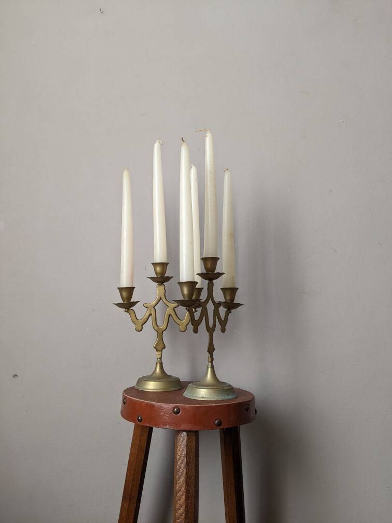 Pair of 3-branch brass candlesticks, Scandinavian country bohemian decoration