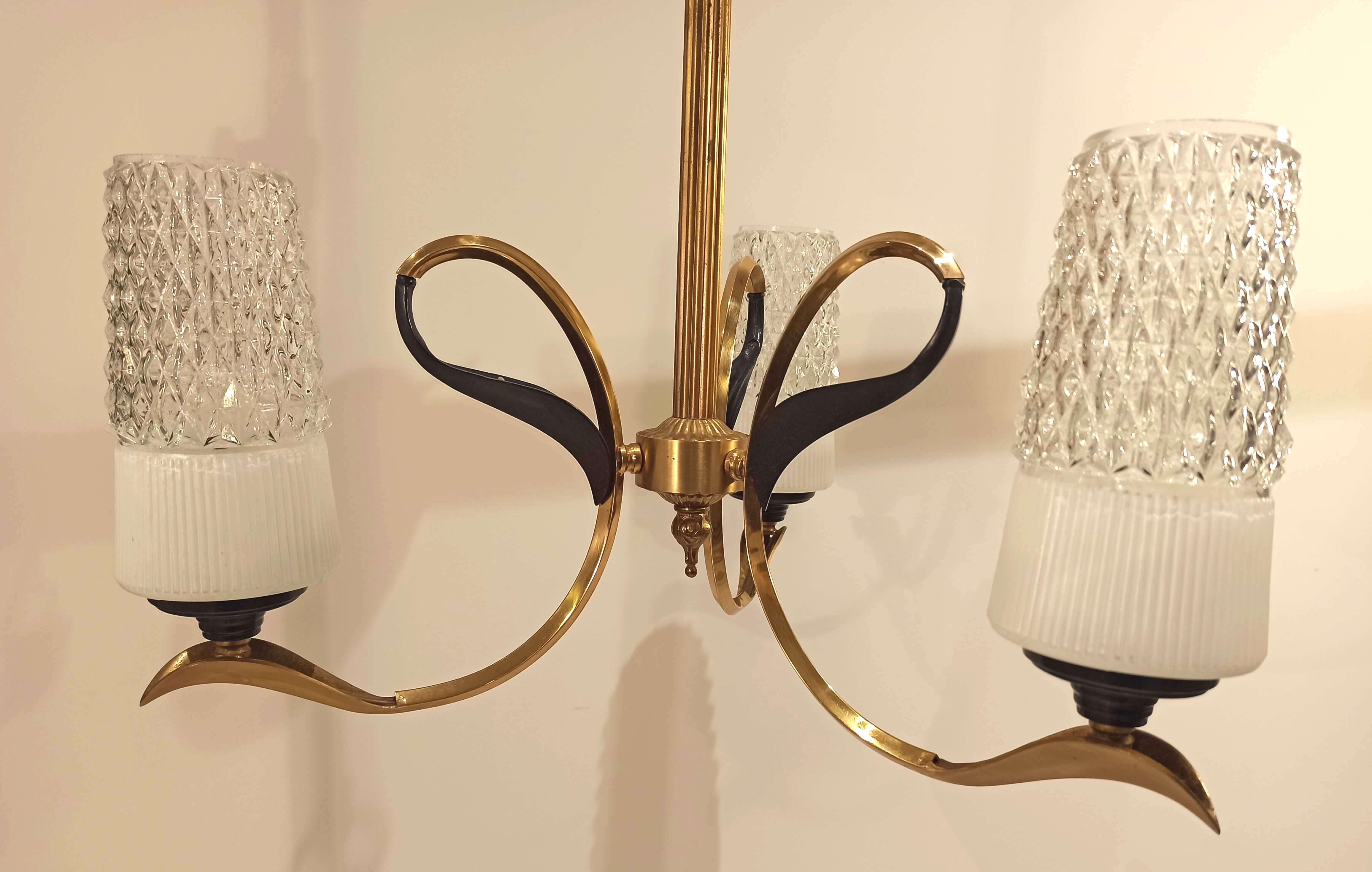 Vintage chandelier 3 burners brass gilded globes opaline glass white striated