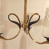 Vintage chandelier 3 burners brass gilded globes opaline glass white striated