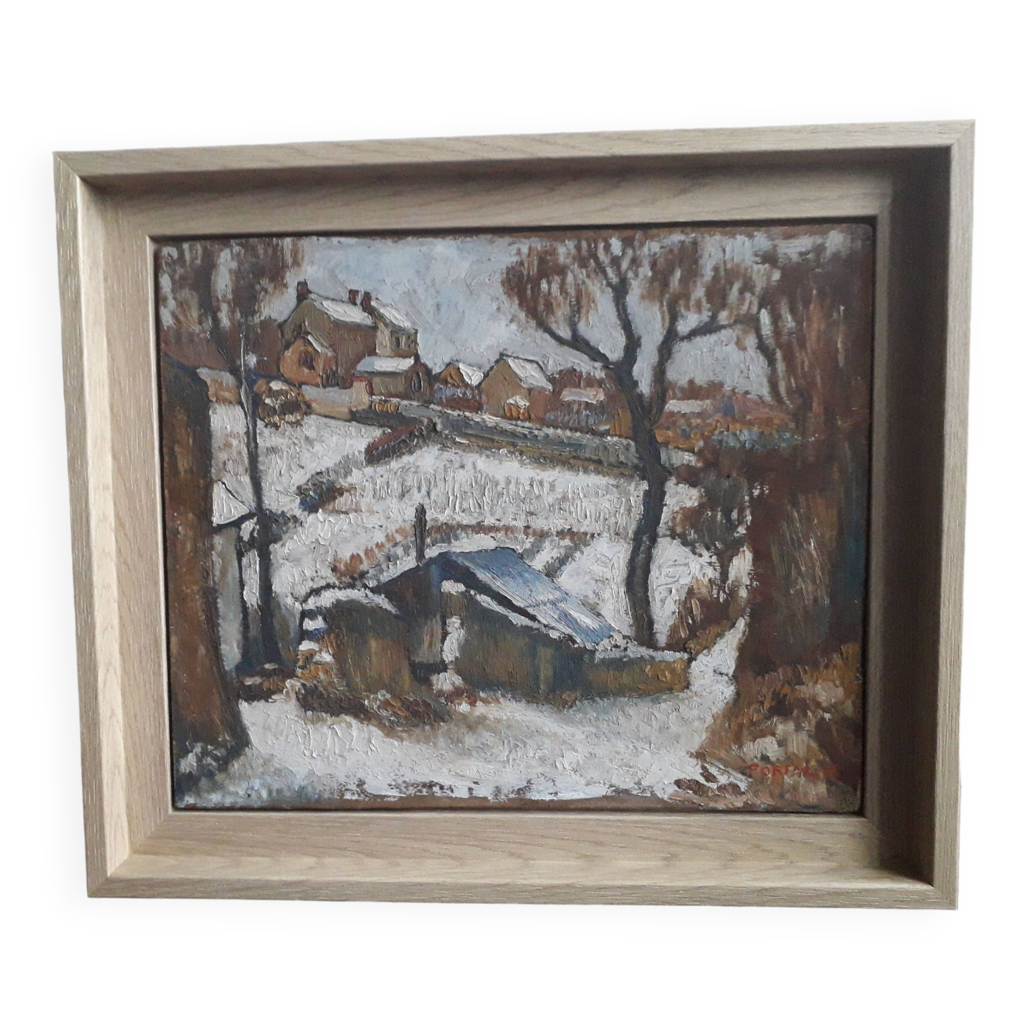 Old oil painting representing a winter landscape