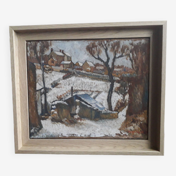 Tableau ancien à l'huile représentant un paysage d'hiver