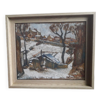 Old oil painting representing a winter landscape