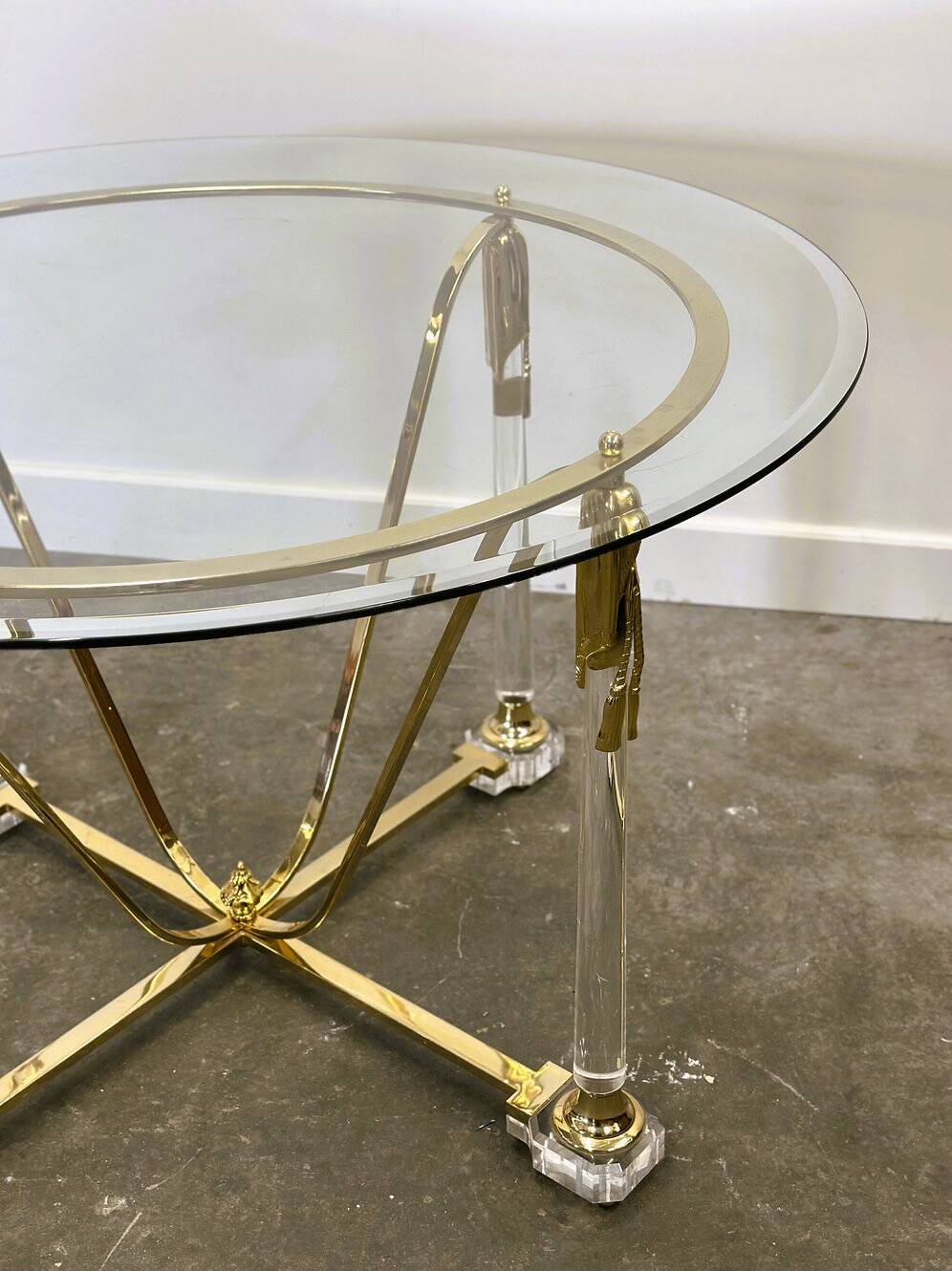 Brass and lucite dining table with beveled glass top, Italy 1980s.