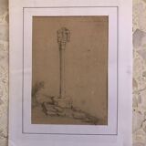 Dessin 1850 crayon croix de st fiacre à auray morbihan bretagne 56, signé f.m. ferdinand moutier