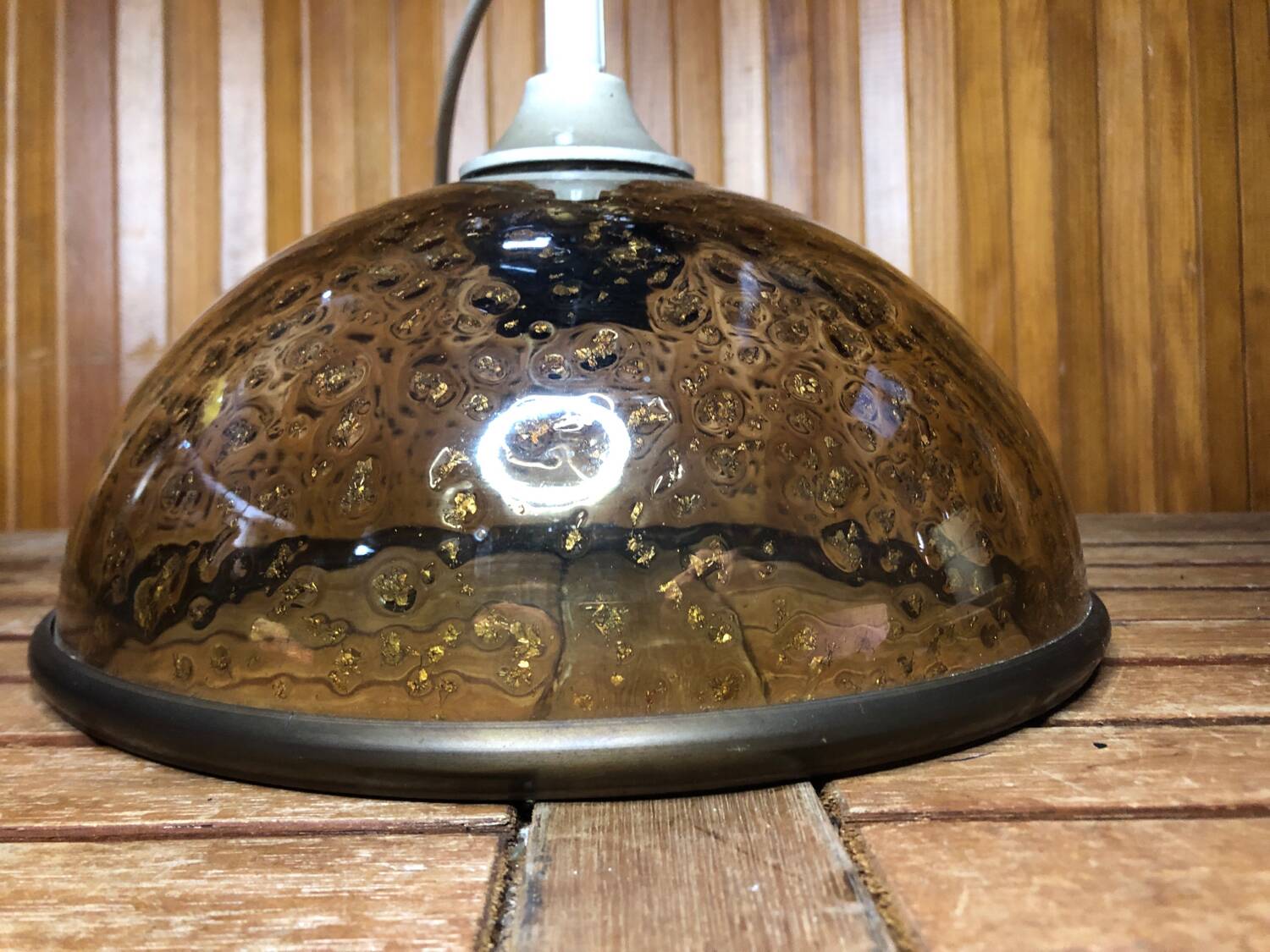 Old pendant lamp molded glass gold inlay + vintage brass contour