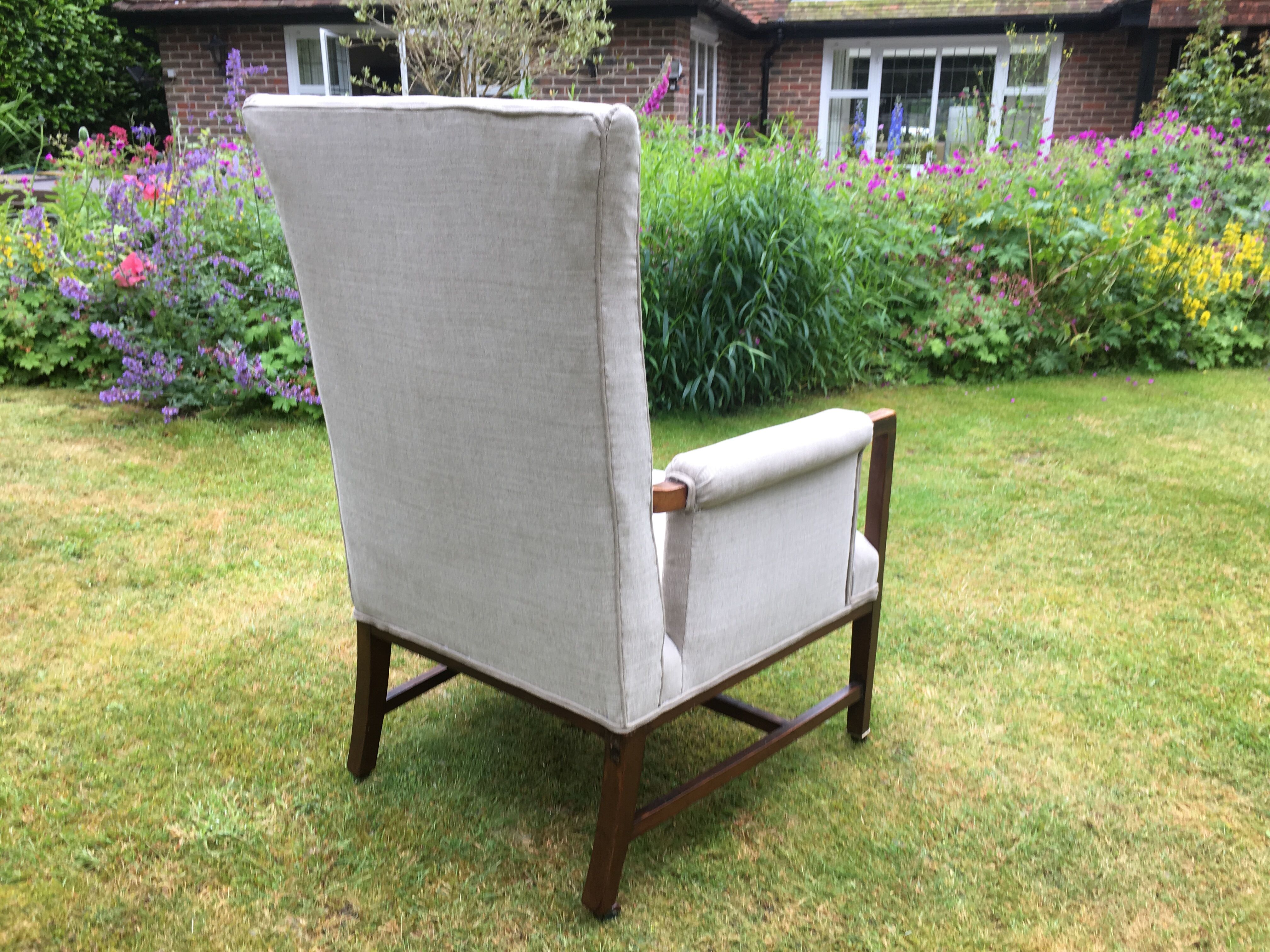 Vintage Antique Oak Reupholstered Armchair On Castors in Beige