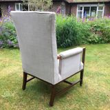 Vintage Antique Oak Reupholstered Armchair On Castors in Beige