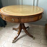 Table tambour 1900  merisier cuir et laiton