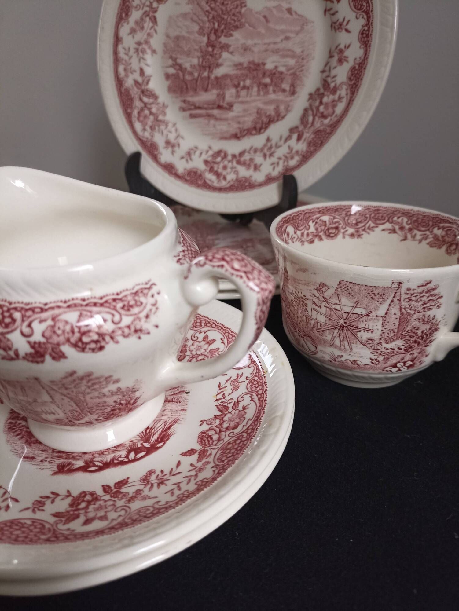 Staffordshire cups, saucers, plates and milk jar