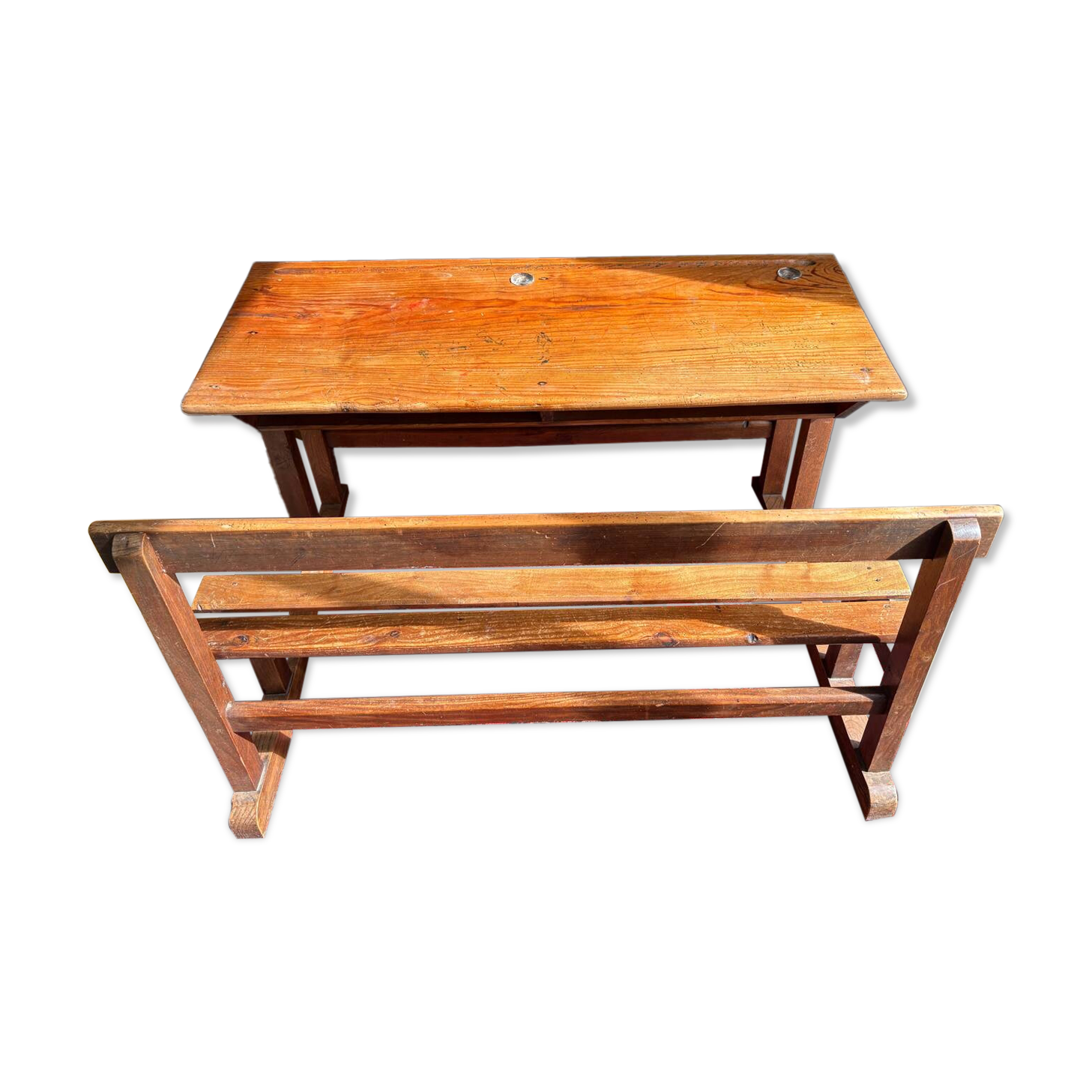 Wooden school desk with integrated bench, France, 1950s