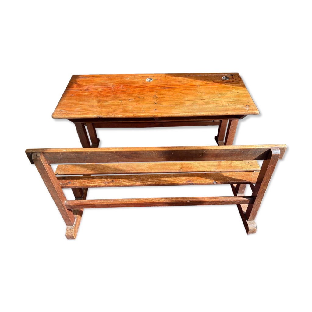 Bureau d'écolier en bois avec banc intégré, France, années 1950 | Selency