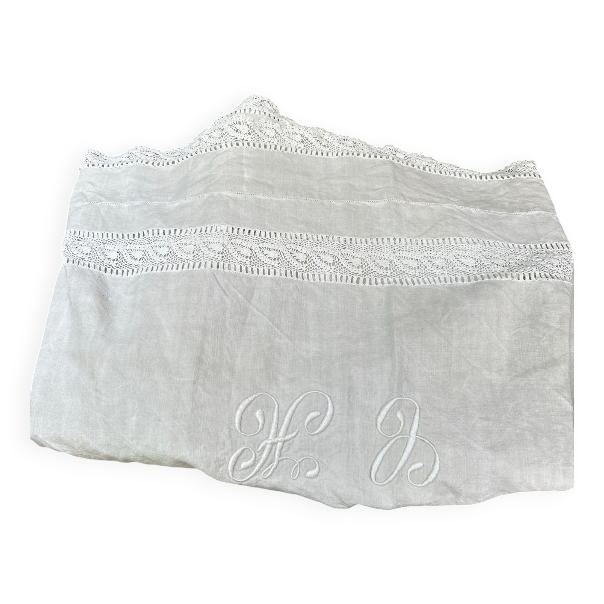 Large embroidered linen sheet with lace