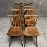 Série Lot de 8 anciennes chaises bistrot dlg scandinave en bois dossier cintré et barreaux