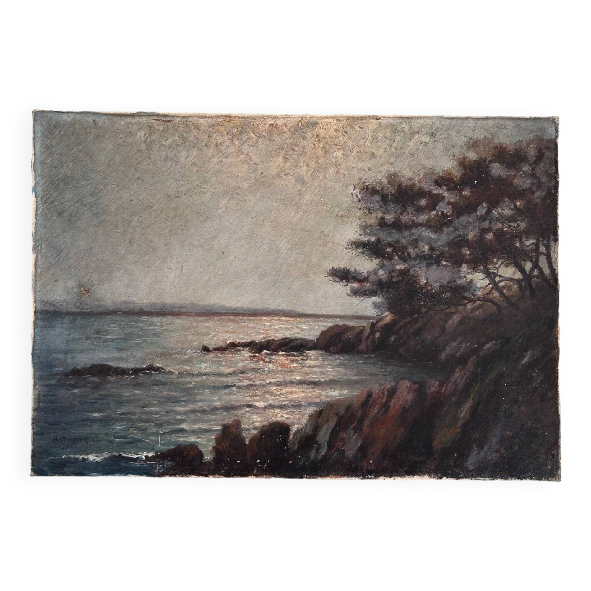 Old painting of sunrise over the sea