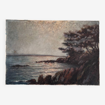 Tableau ancien levé de soleil sur la mer