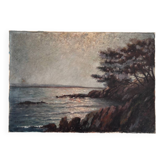 Old painting of sunrise over the sea