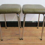 Duo of vintage stools in chrome and green skai