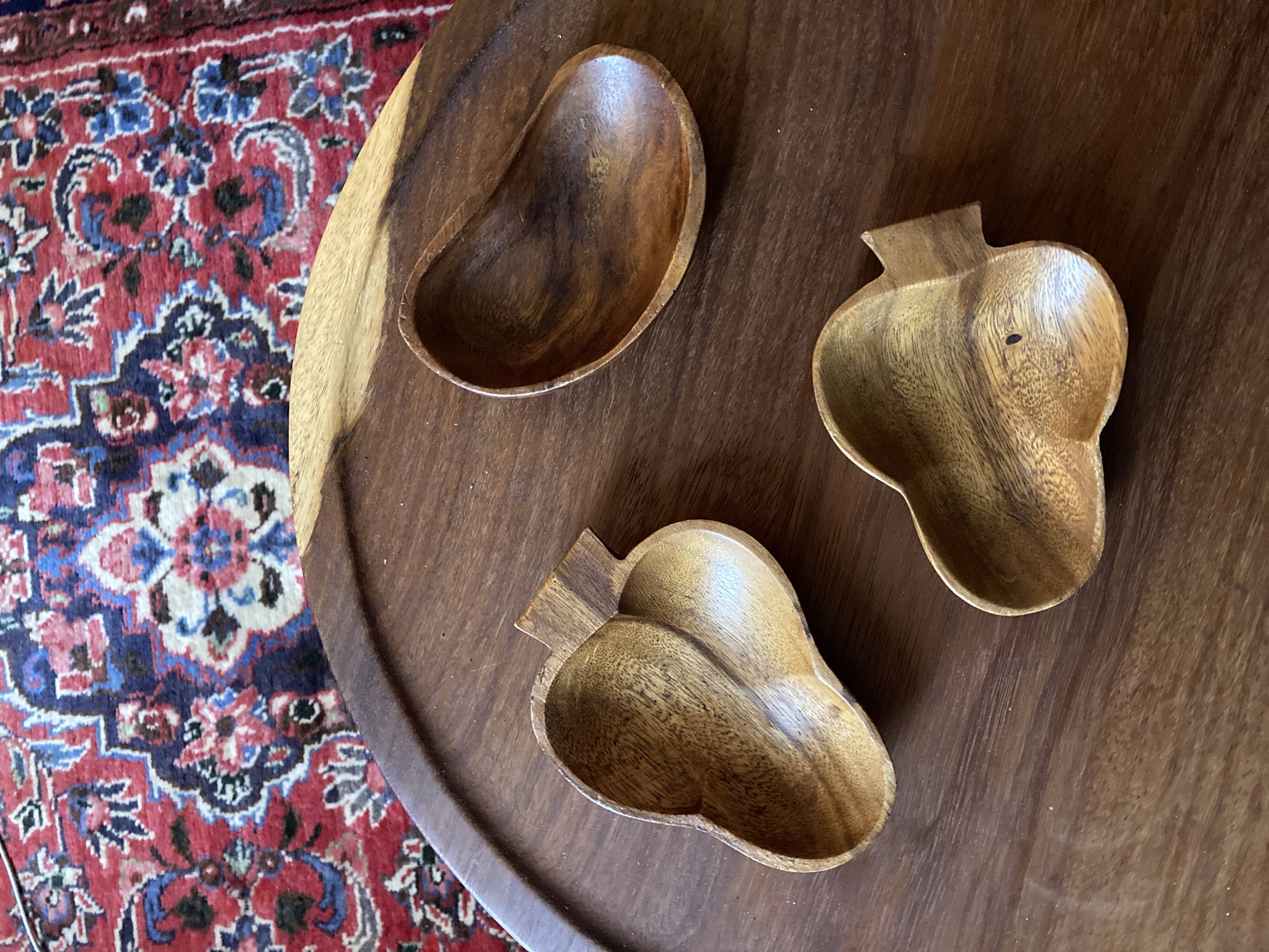 Trio of exotic wooden cups in the shape of beans and vintage clovers