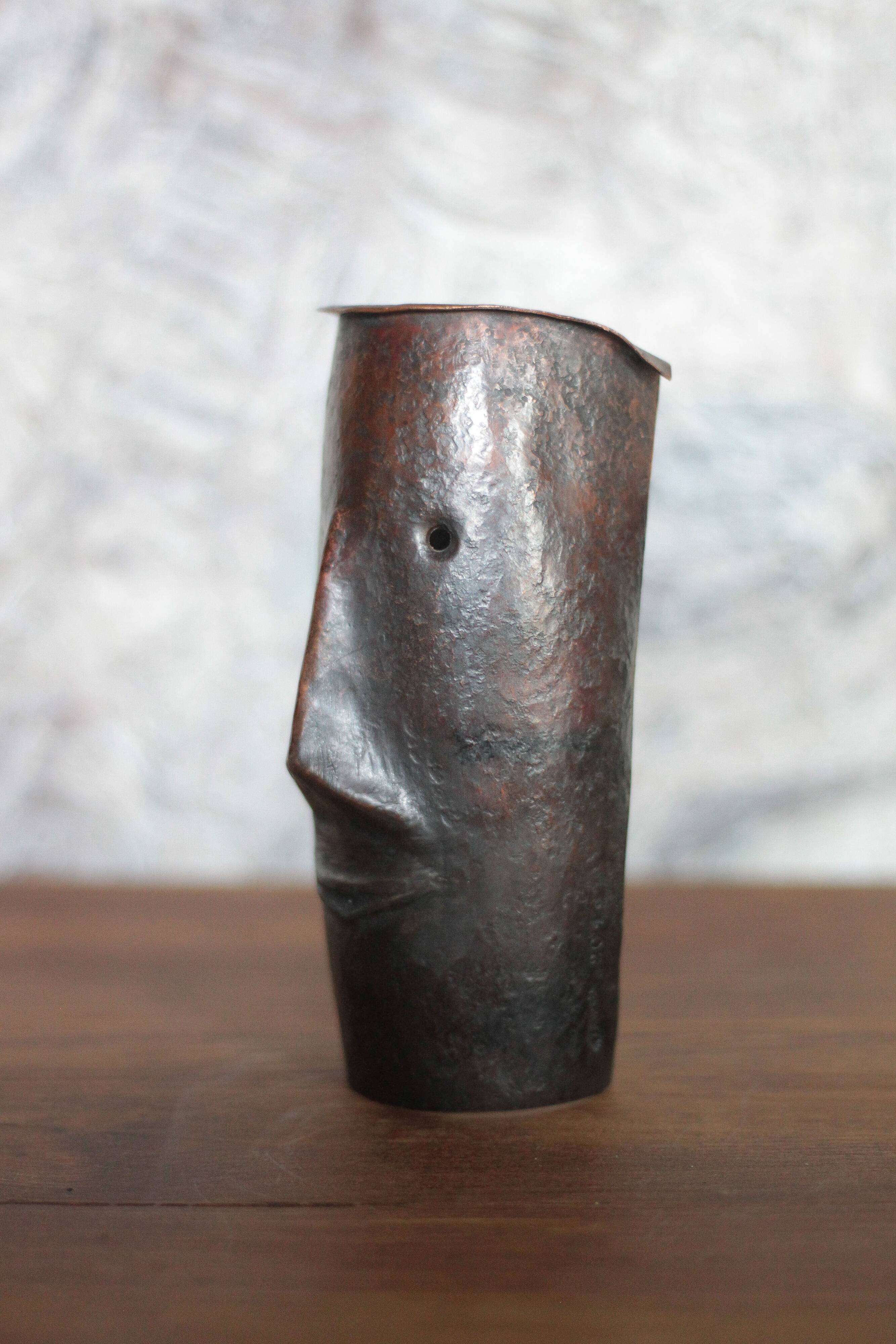 Copper sculpture signed Beaucousin Gérard, face-shaped sculpture, collection.