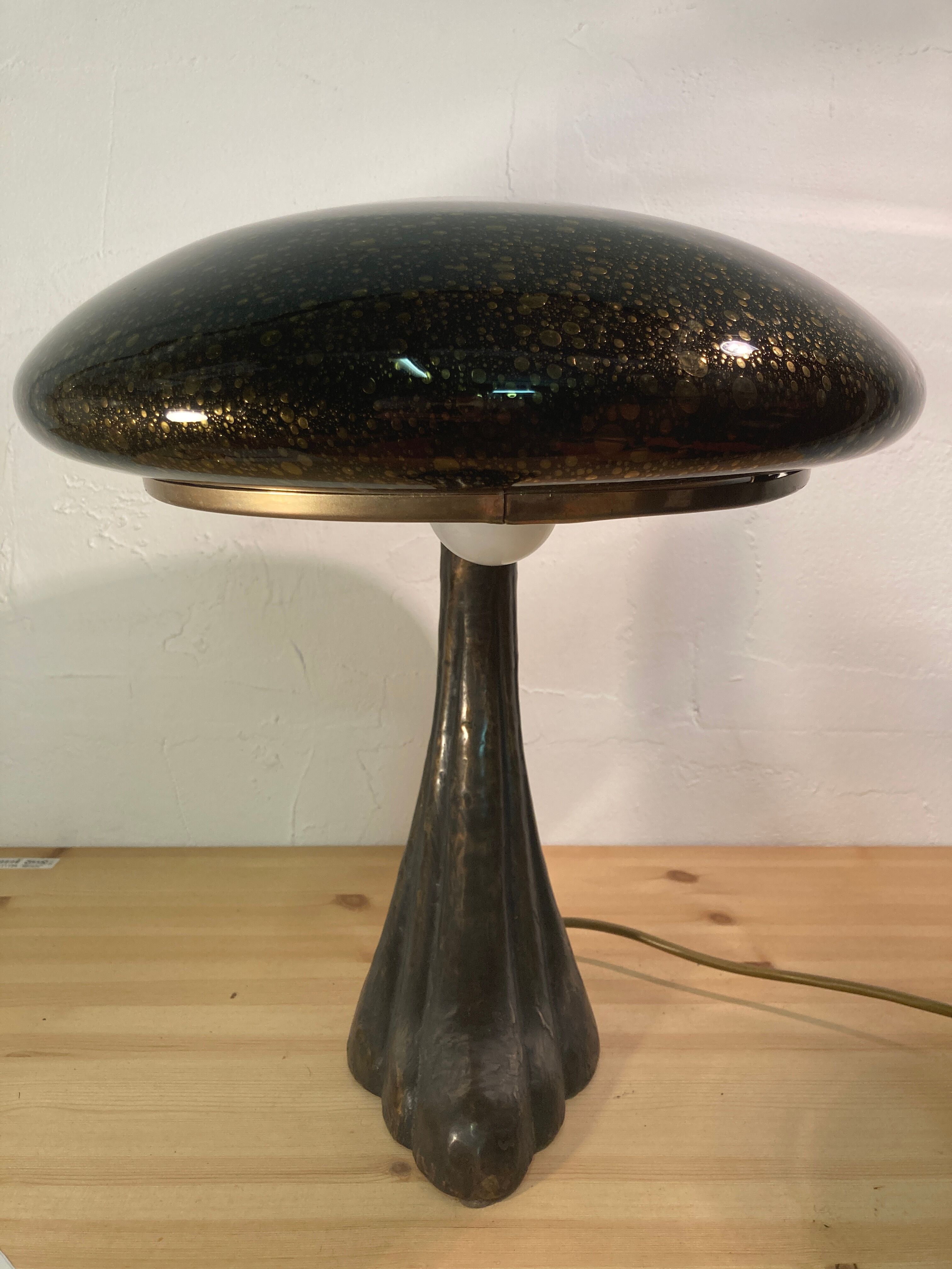 Art Deco organic mushroom bronze Murano bubble glass desk lamp