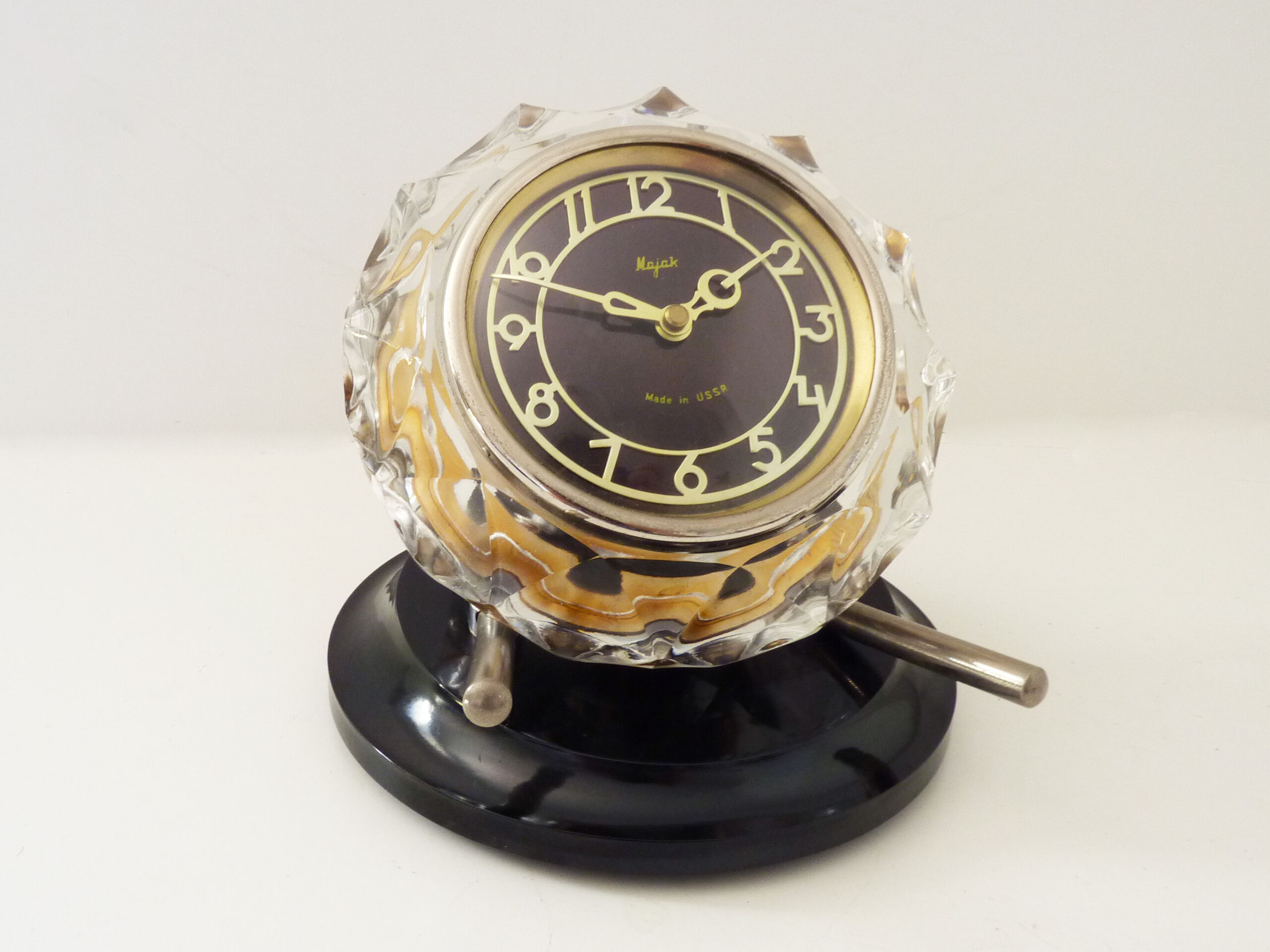 Table clock, majak glass clock and Bakelite base. Made in USSR