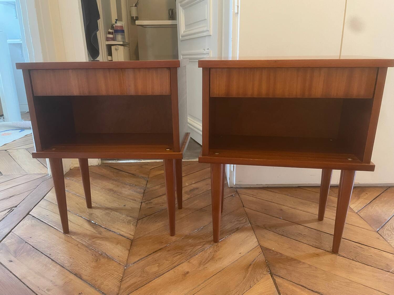 Pair of vintage bedside tables with compass feet