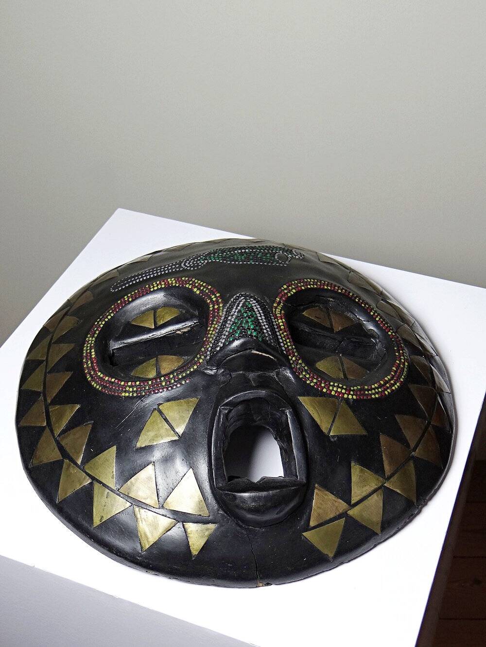 African moon mask, Luba/Baluba, DR Congo, carved wood, beads.