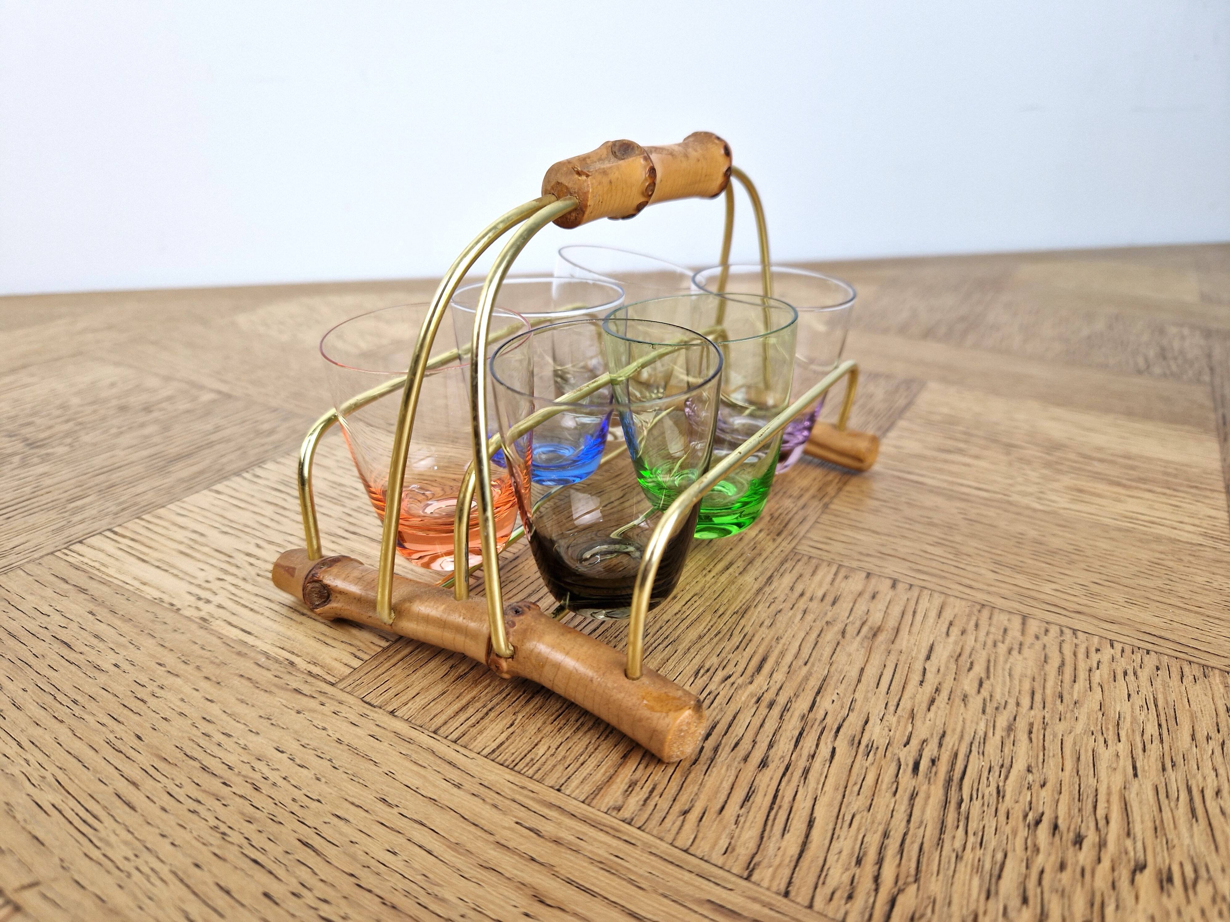 6 Old multicoloured liqueur glasses with bamboo stand